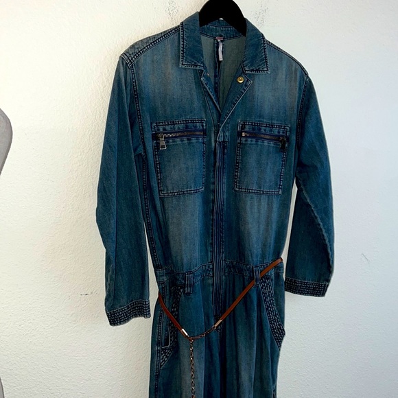 Free People Zipper Front Point Collar Long Sleeve Overall Denim Jumpsuit Size 28 - Picture 8 of 14